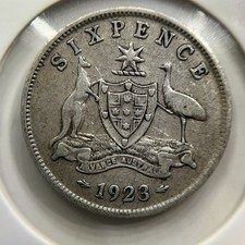 1923 Sixpence Coin - good Fine - Silver George V Australian