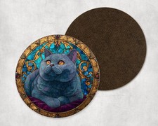 British Shorthair Cat Kitten Stained Glass Round Coaster Tea Coffee Present Gift