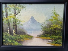 Impressionist Oil Painting Original Signed Black Framed Mtn River Trees 8”x6”