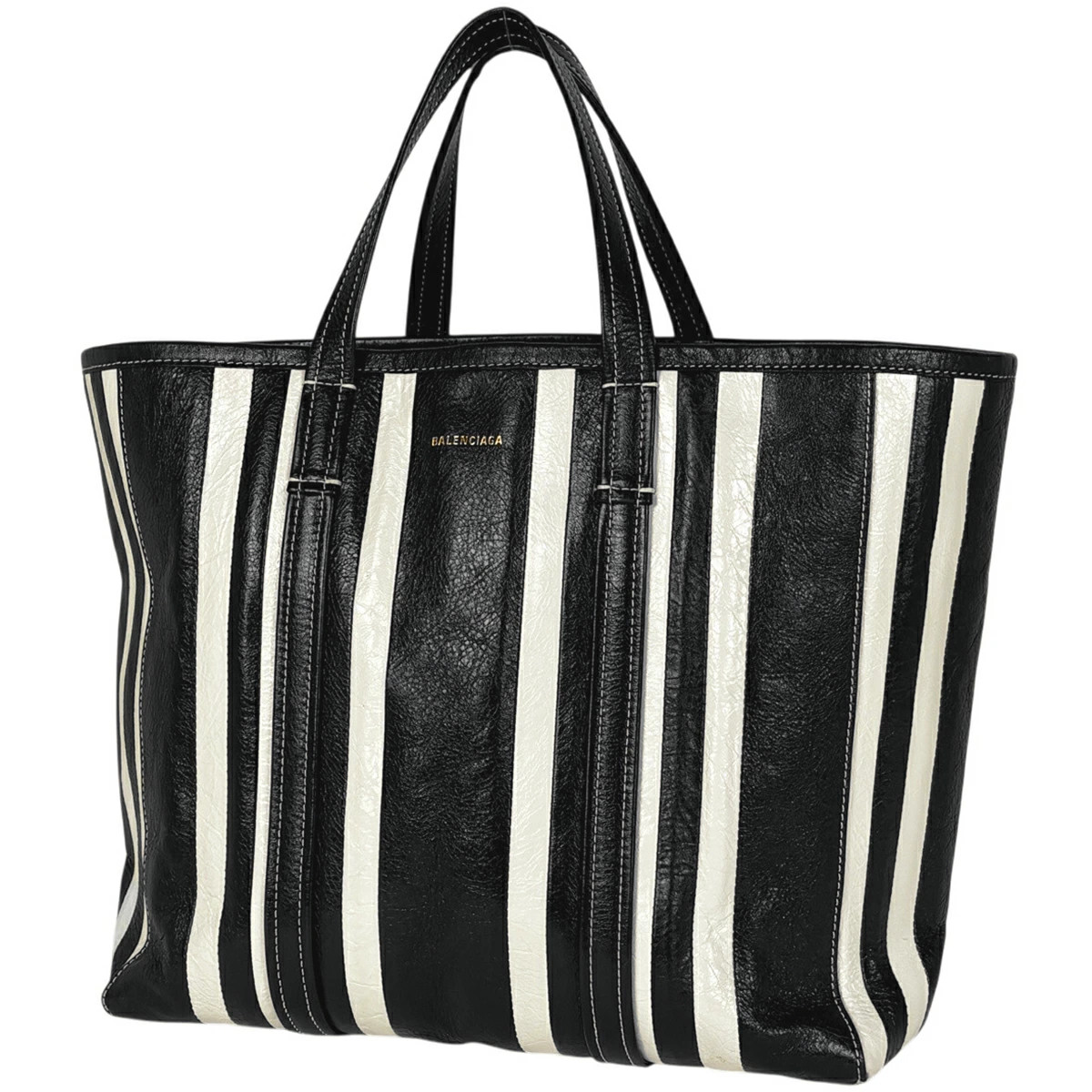 Balenciaga Barbes Medium Shopper 2Way Tote Bag Leather Black White 671409 Women'