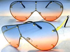 Oversized Exaggerated Vintage Retro Shield SUNGLASSES Large Gold Frame Blue Lens