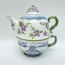 Sonoma HomeGoods Tea for One Set - Stacked Teapot & Cup - Floral - Violet & Blue