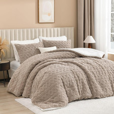 Fluffy Sherpa King Comforter Set, Super Soft Khaki Fleece Warm Bedding for Winte