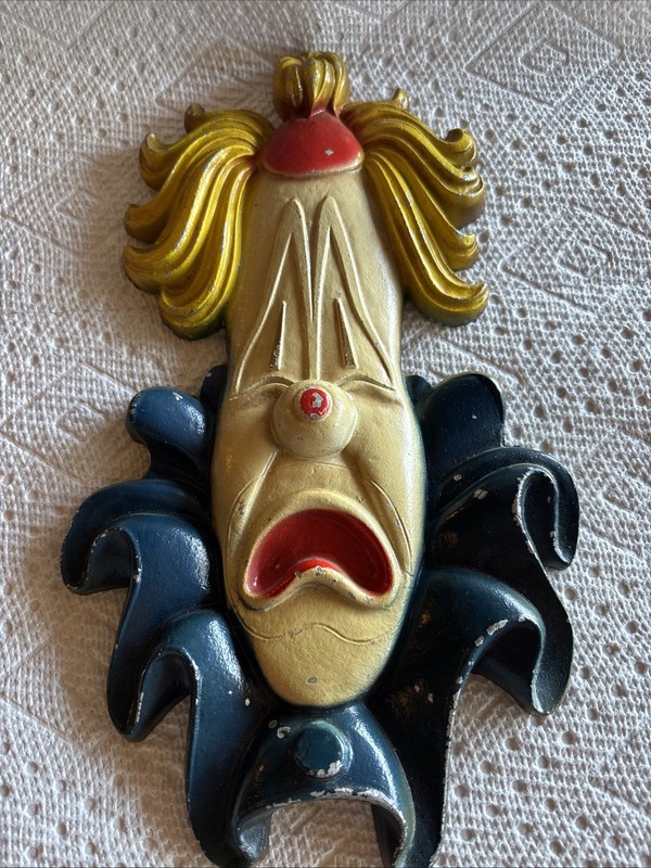 Vintage MCM Sexton Metal Cast Iron Sad Clown Head Wall Art Hanging Plaque Circus