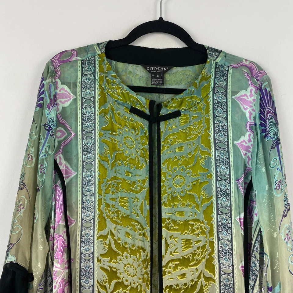 Citron Santa Monica Sheer Floral Kimono Size XL Rayon Silk Long Sleeve - Image 2 of 4