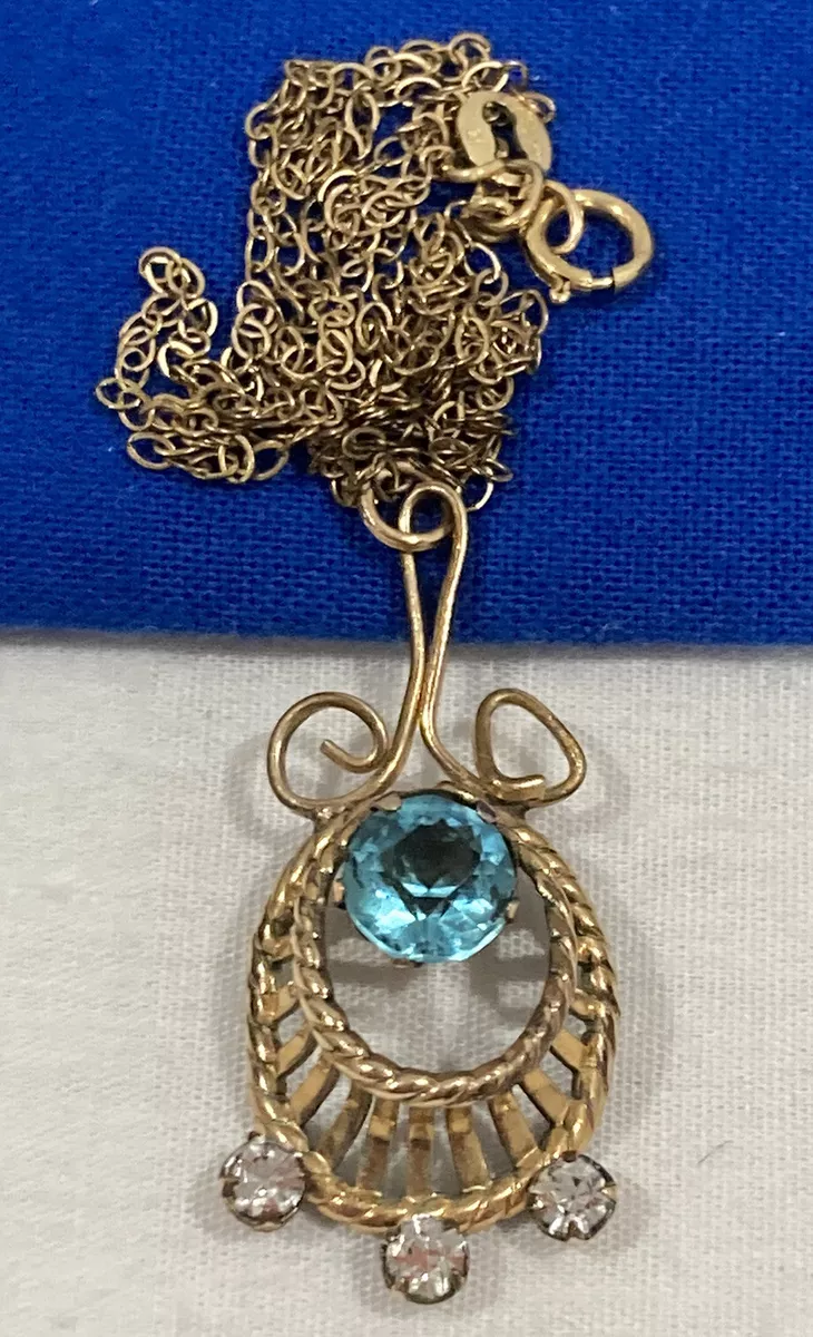 Vintage VAN DELL 1 20 12k G.F. Gold Filled ART DECO Blue Stone Pendant Necklace