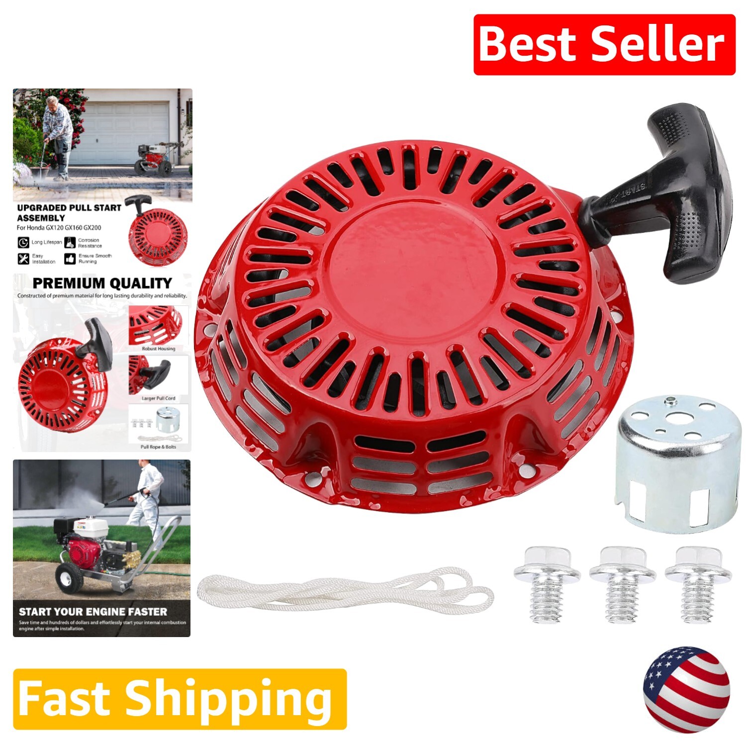 OEM Design GX200 Pull Start Assembly with Retractable Pull Cord - Quick Setup