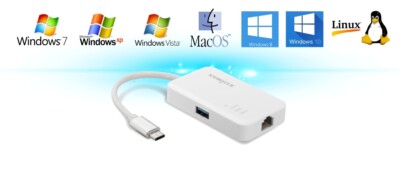 Edimax USB-C to 3-Port USB 3.0 Gigabit Ethernet Hub Adapter MacBook Air/Pro O/B