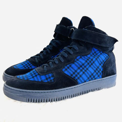Navy Blue Plaid Lace up Italian Suede & Fabric Ankle Boots ~ Mens Sz EU45 US11.5