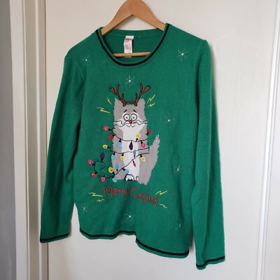 Women's Size Large 12 14 Long Sleeve Green Christmas Cat Light