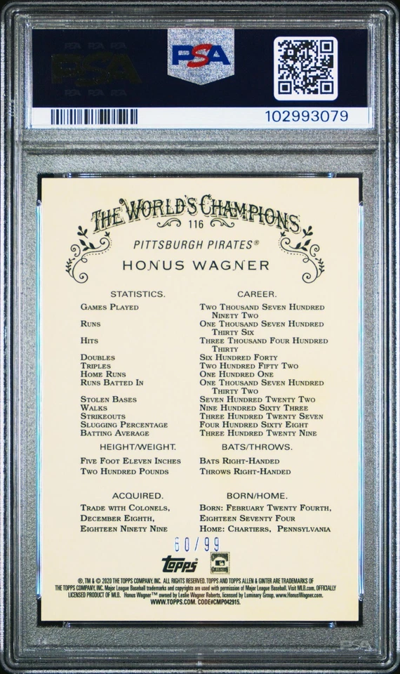 2020 Topps Allen Ginter Chrome 116 Honus Wagner Green Refractor /99 PSA 10 POP 1 - Image 2 of 2