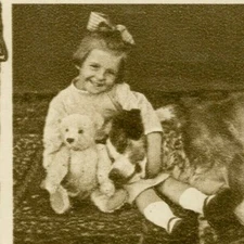 Good Friends Postcard Smiling girl hugging Dog St Bernard Teddy Bear B&W Ribbon