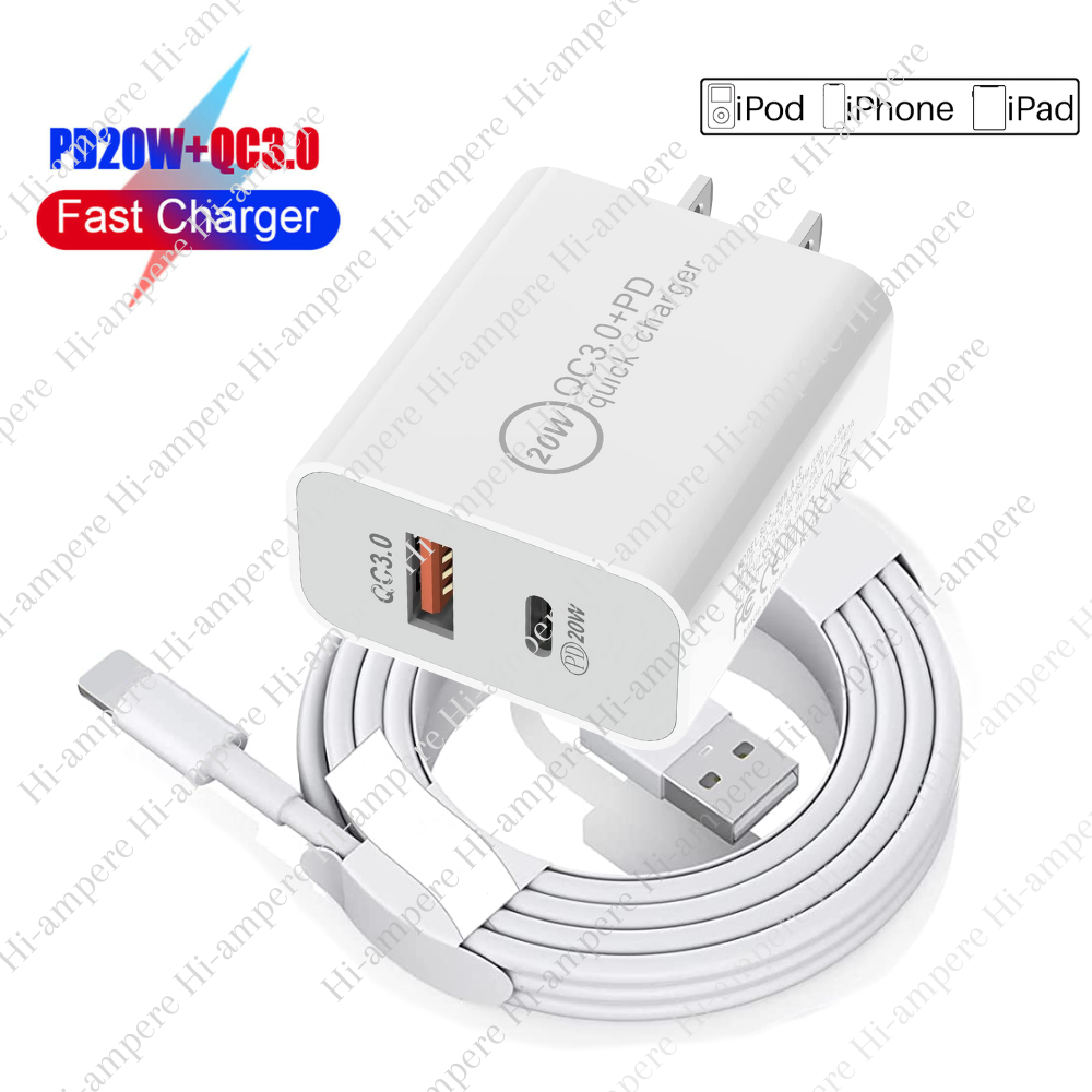 Fast Charger QC PD 20W Power Adapter Cube USB Cable For iPhone 14 13 12 11 X 8 6