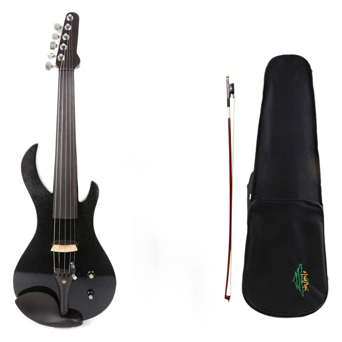 New Black 5 String Electric Violin 4/4 Full Size Guitar Shape with Case Bow