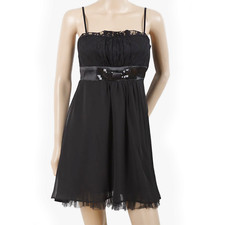 Ladies Black Chiffon Party Dress - Fully Lined, Mesh Hem Black Women's Dress