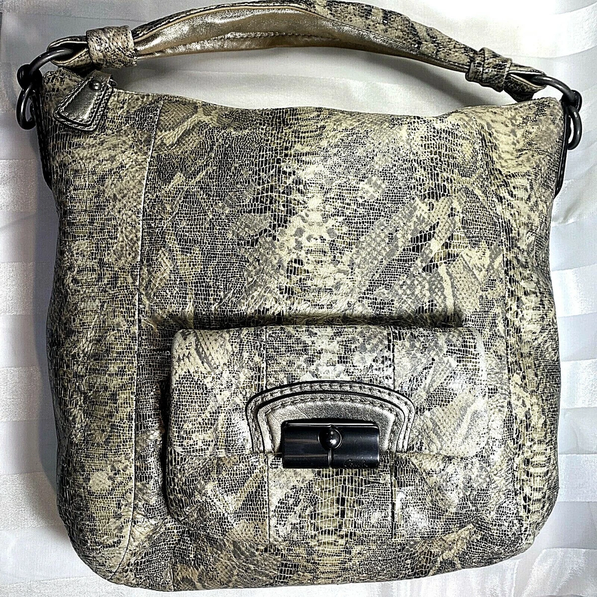 Coach Kristin Embossed Gray/Black Leather Python Hobo Handbag Zip