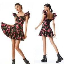 NEW, Alice + Olivia Ginny Ruffle Sleeve Godet Dress in multi size 4 #MD658