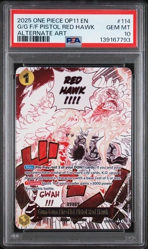 2025 One Piece Gum-Gum Fire-Fist Pistol Red Hawk Alt Art Event OP11-114 PSA 10