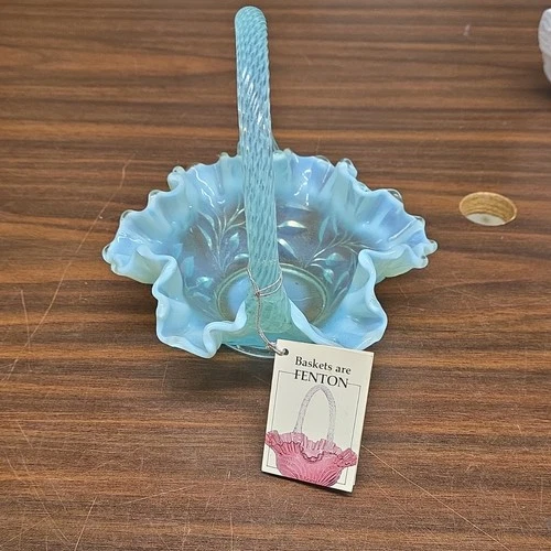Fenton Blue Opalescent Glass Hand Blown Decorative Basket with Handle