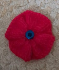 Hand Knitted Red Poppy Brooch, Black Button, 6.5cm.