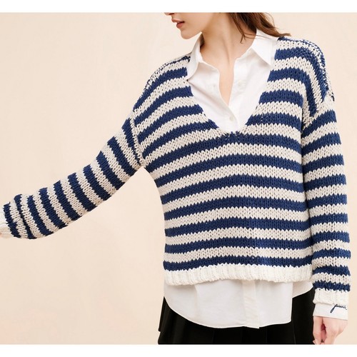 Free People Portland Pullover M Denim Island Navy Cream Striped Sweater