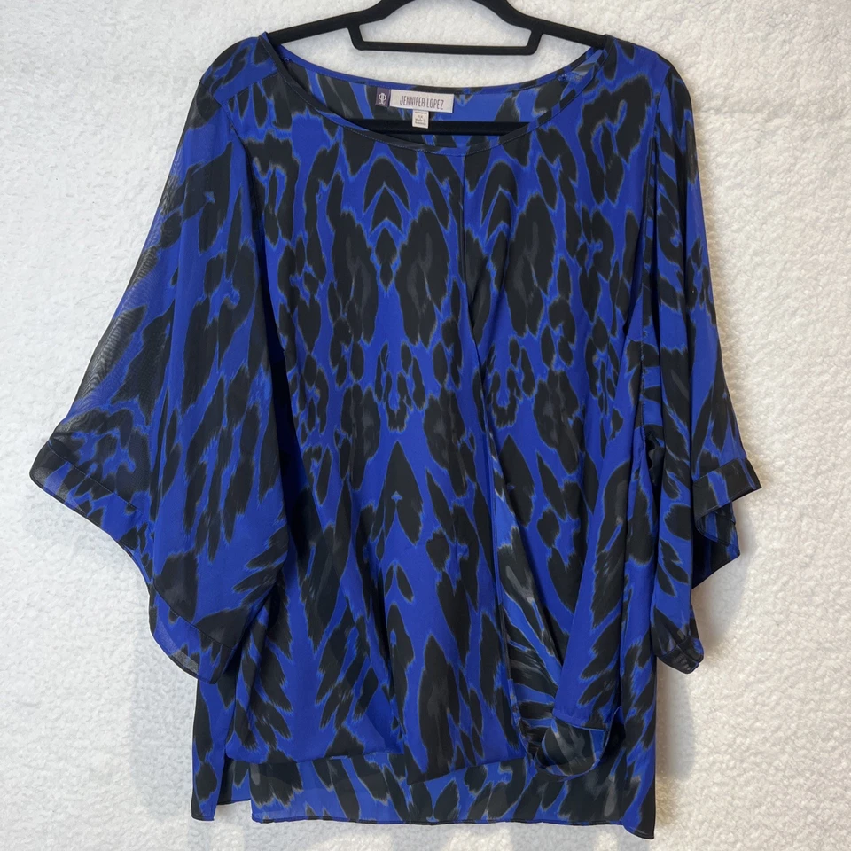 Jennifer Lopez Women’s 1X Blouse Blue Black Animal Print Sheer Batwing Top Chic - Image 4 of 4