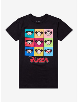 Black Cotton PUCCA T-Shirt   Facial Grid Graphic, Urban Style