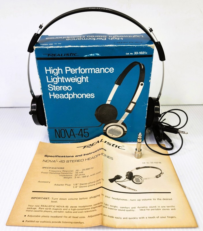 Vtg Realistic NOVA-45 Stereo Headphones & 1/4" to 1/8" Adapter - Tested-Works