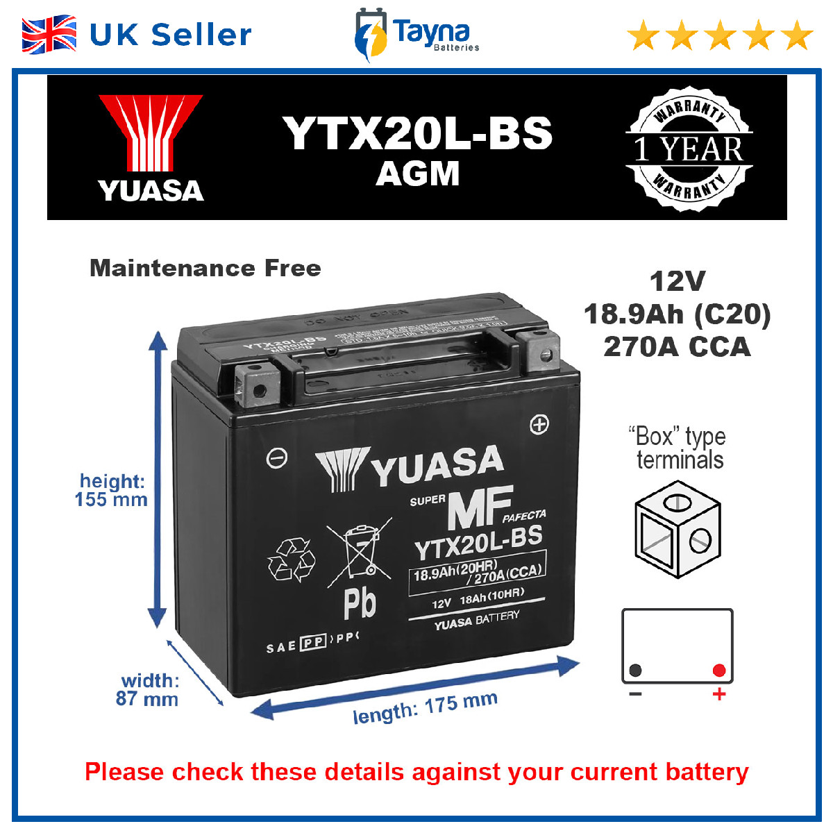 Motorcycle Battery for Kawasaki Jet Ski JS400 JS440 JS550 JH750 Genuine YUASA