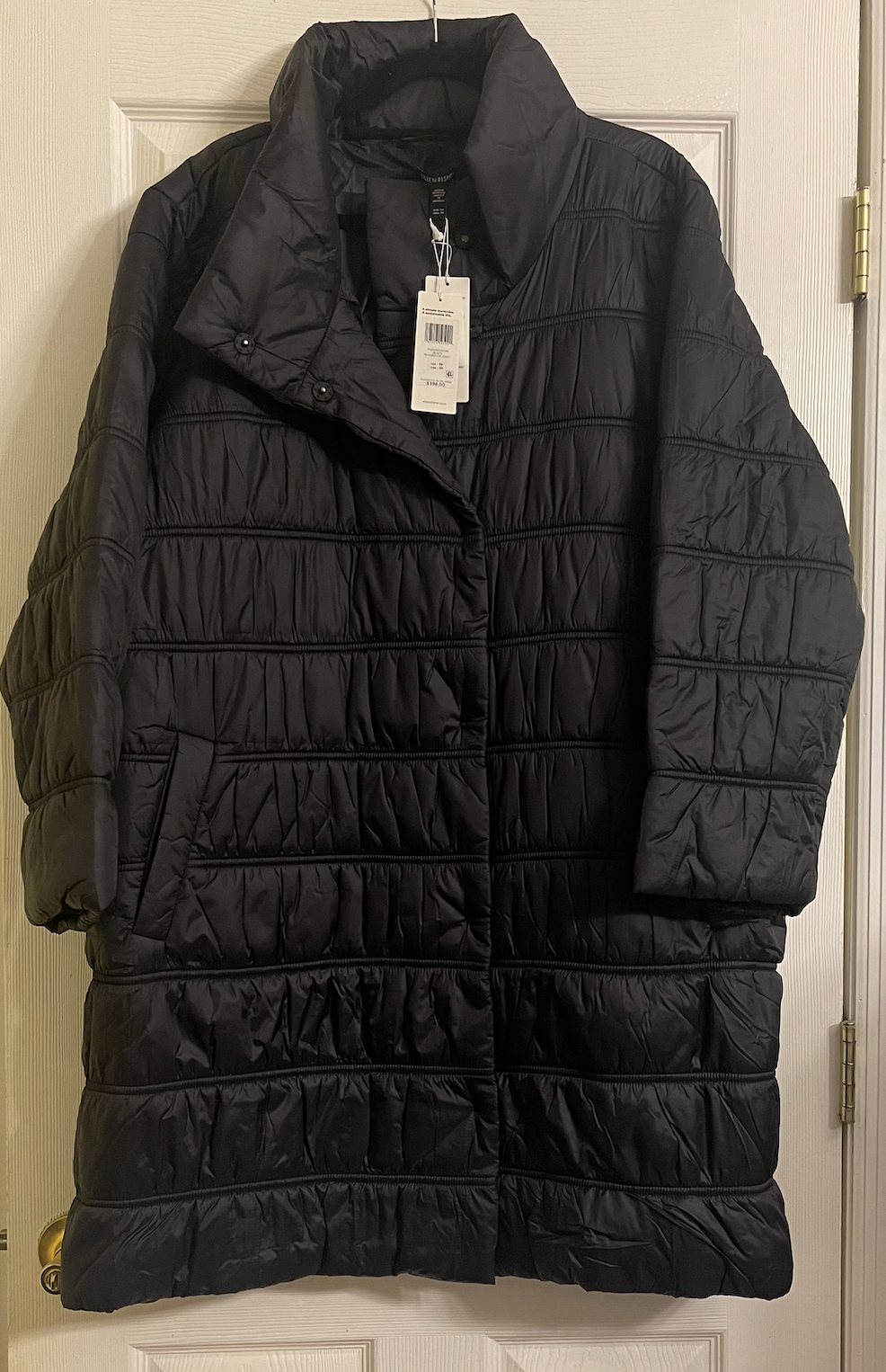 NWT $398 Eileen Fisher Black Eggshell Recycled Nylon Ruched K/L Coat 2X 3X