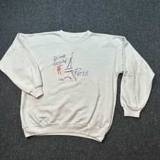 Vintage Paris Eiffel Tower Sweatshirt XL White Retro Embroidered Pullover