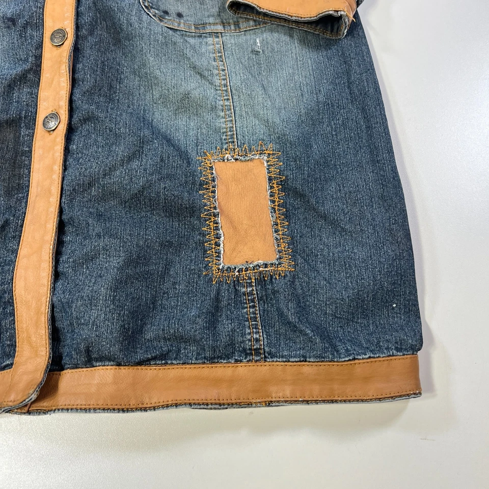 Vintage Fubu Jacket Womens Medium Denim Overcoat Leather Patchwork Boho Hippie - Image 3 of 4