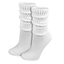 90 Cotton Crew Slouch Socks 2-Pairs Scrunchy Ribbed Soft Retro One Size White