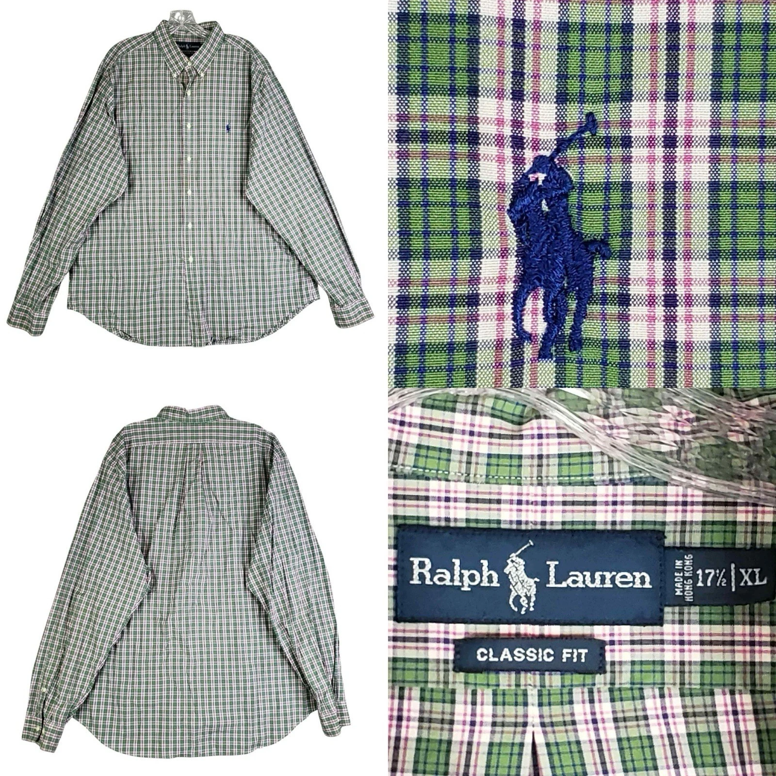 Polo Ralph Lauren Oxford Shirt Button Down LS Green Plaid Mens Size 17.5 XL