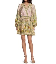A Loves A Floral Print Surplice V-Neck Long Bubble Sleeve Wrap A-Line Dress Pink