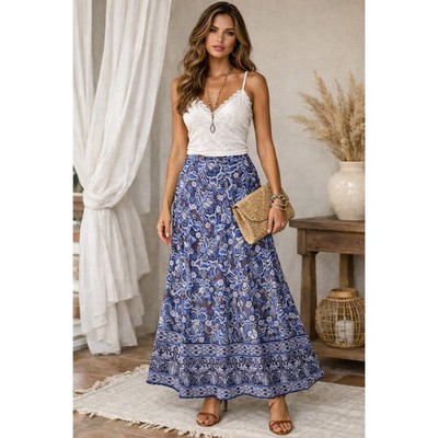 Magnolia Grace Maxi Skirt Womens S Blue Paisley Boho Festival Coastal Cruise