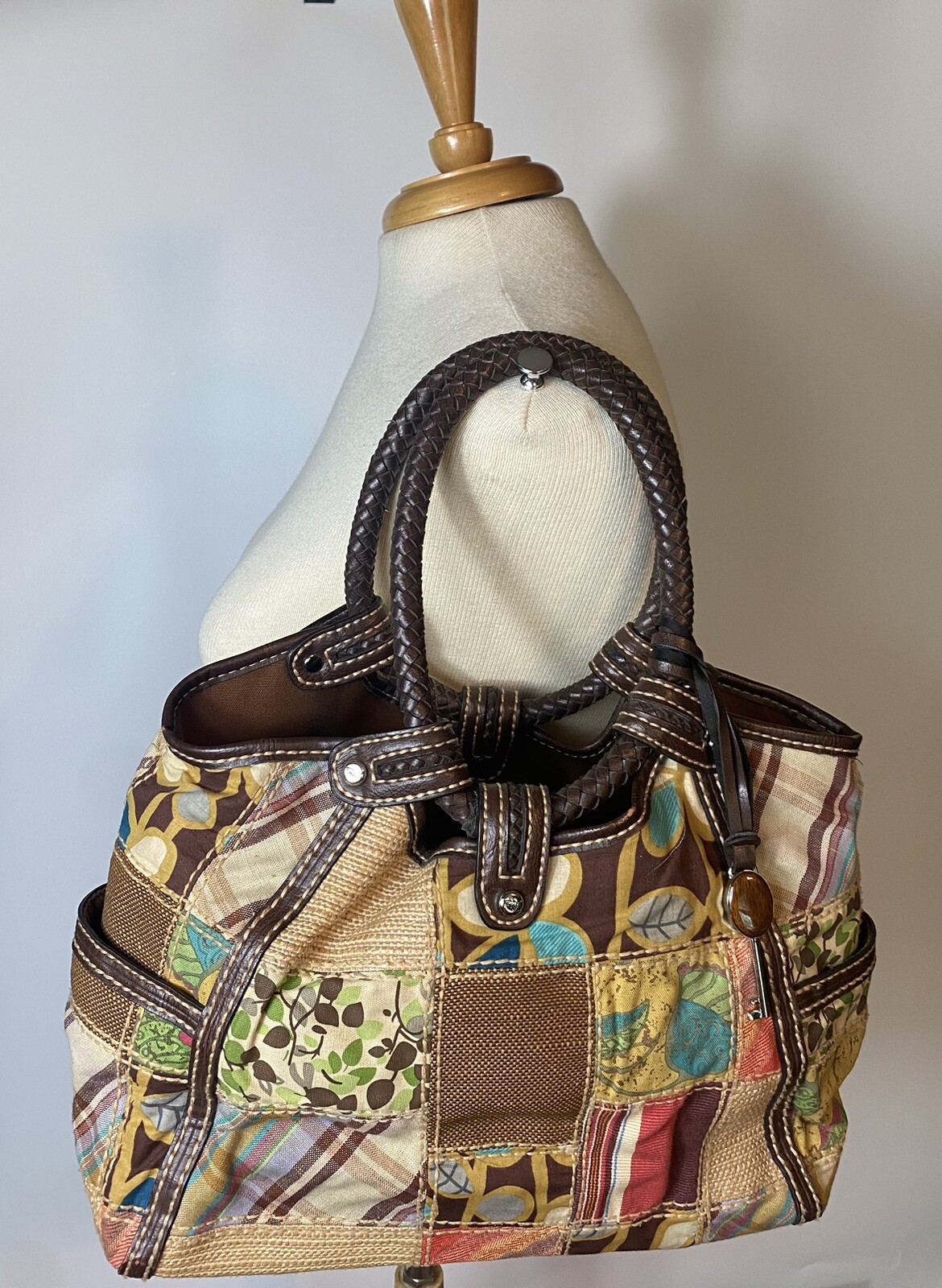 Fossil Round Leather Handle Patch Work Purse - image 1