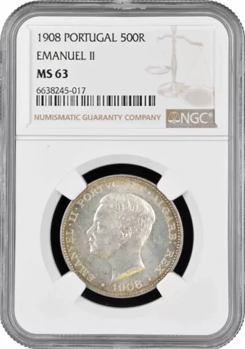 Portugal 500 reis 1908, NGC MS63, "King Manuel II (1908 - 1910)" silver coin