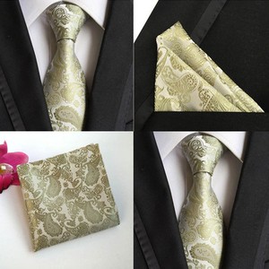 Men-Champagne-Paisley-Floral-Silk-Tie-Pocket-Square-Handkerchief-Set-Lot-HZ069
