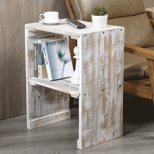 Farmhouse Whitewashed Wood End Table, Decor Side Table w/ Center