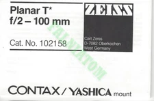Vintage Zeiss Planar T Contax Yashica Mount Manual