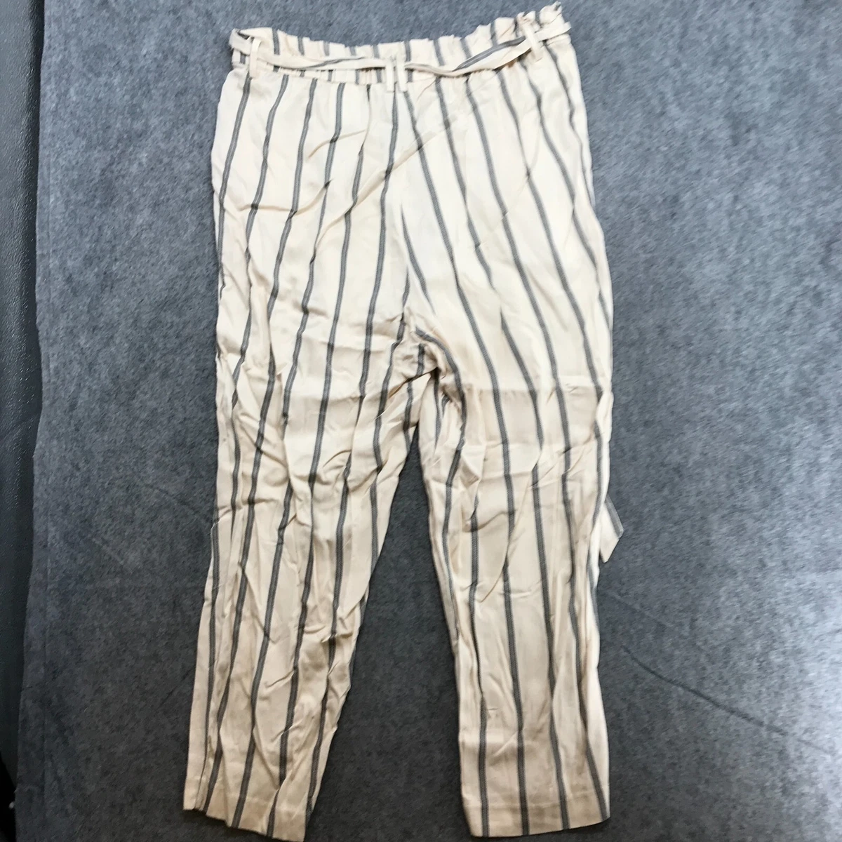 H M Pants Womens Size 16 Tan Gray Stripe Belted Pull On Relaxed