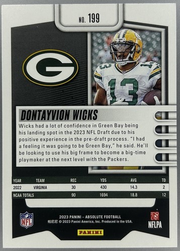 2023 Panini Absolute Dontayvion Wicks RC #199 Packers - Bild 2 von 2