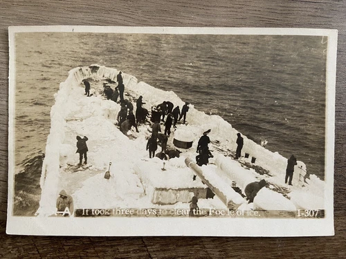WW1 WWI - Battleship Clearing Deck of Ice - Real Photo Antique Postcard RPPC