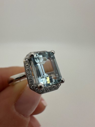 PLATINUM EMERALD CUT AQUAMARINE AND DIAMONDS COCKTAIL HALO RING 2.36CT ID70 - Picture 16 of 24