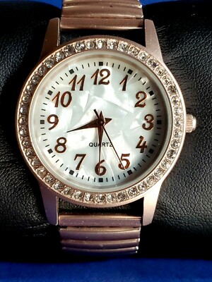 Stylish BWC Light Rose Gold-tone MOP Bling Watch w/Flex Band