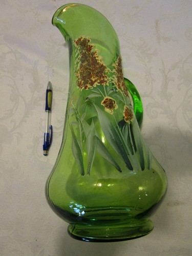 Brotcher Limonata Vetro Verde Vintage Smaltata Dipinta a Mano Floreale 13""H. Anni '30 - Foto 10 di 12
