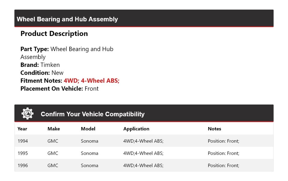 Conjunto de cojinete de rueda y buje delantero Timken 1995 para GMC Sonoma 1994-1996 4x4 Foto 2 de 4