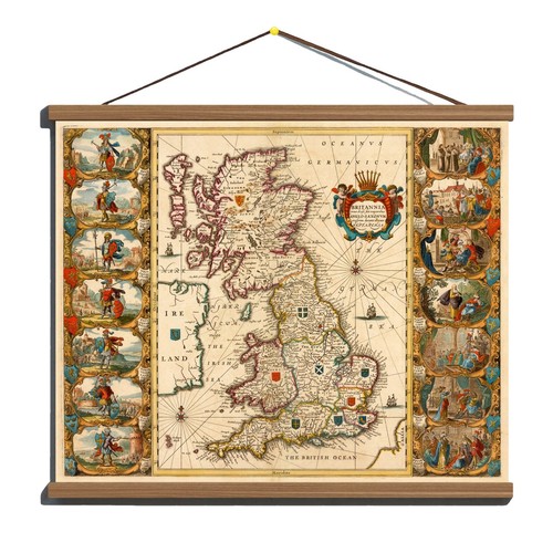 Ancient Old 1645 Decorative Map Of British Isles; Canvas, Magnetic Wooden Hanger - 第 1/14 張圖片