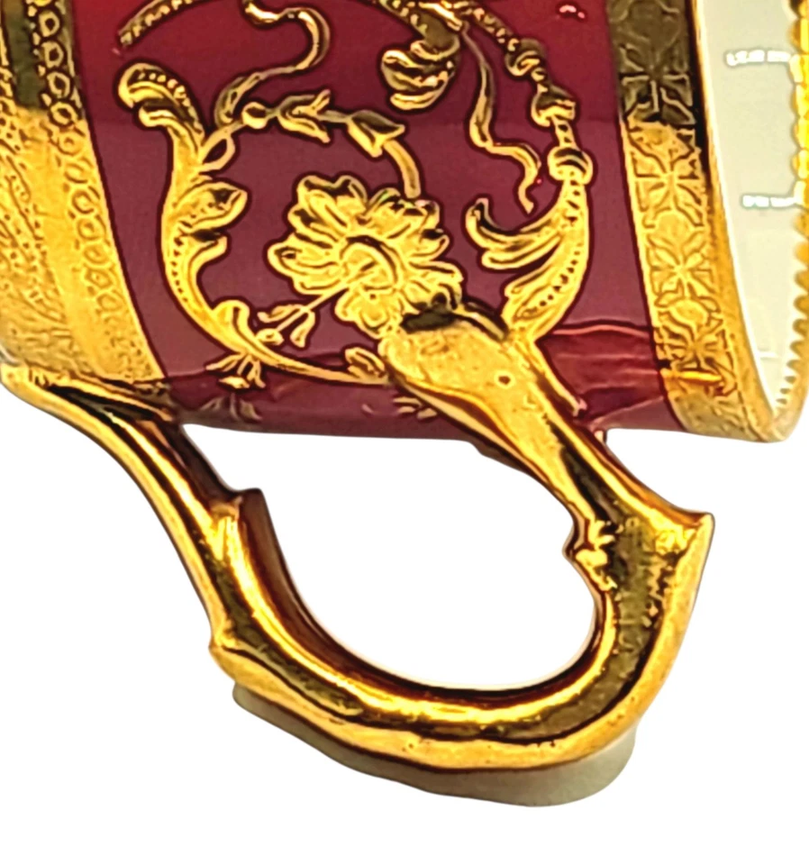 Antigua taza y platillo Demitasse Minton England carmesí oro rojo incrustado perfecto Foto 3 de 4